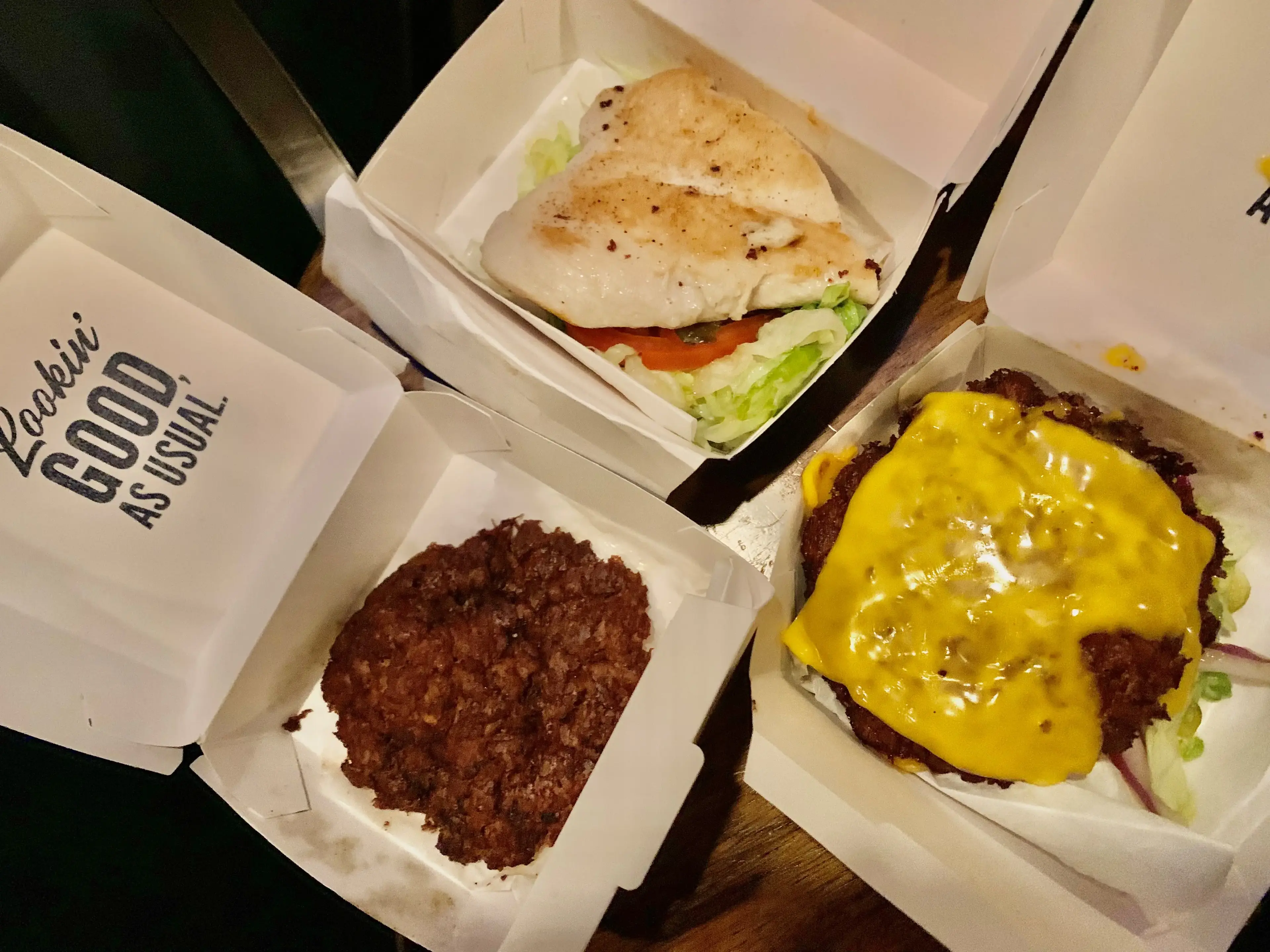 Culver’s bunless Butterburger (bottom left); bunless Chicken Sandwich (top); bunless Double Butterburger with Cheese (bottom right)