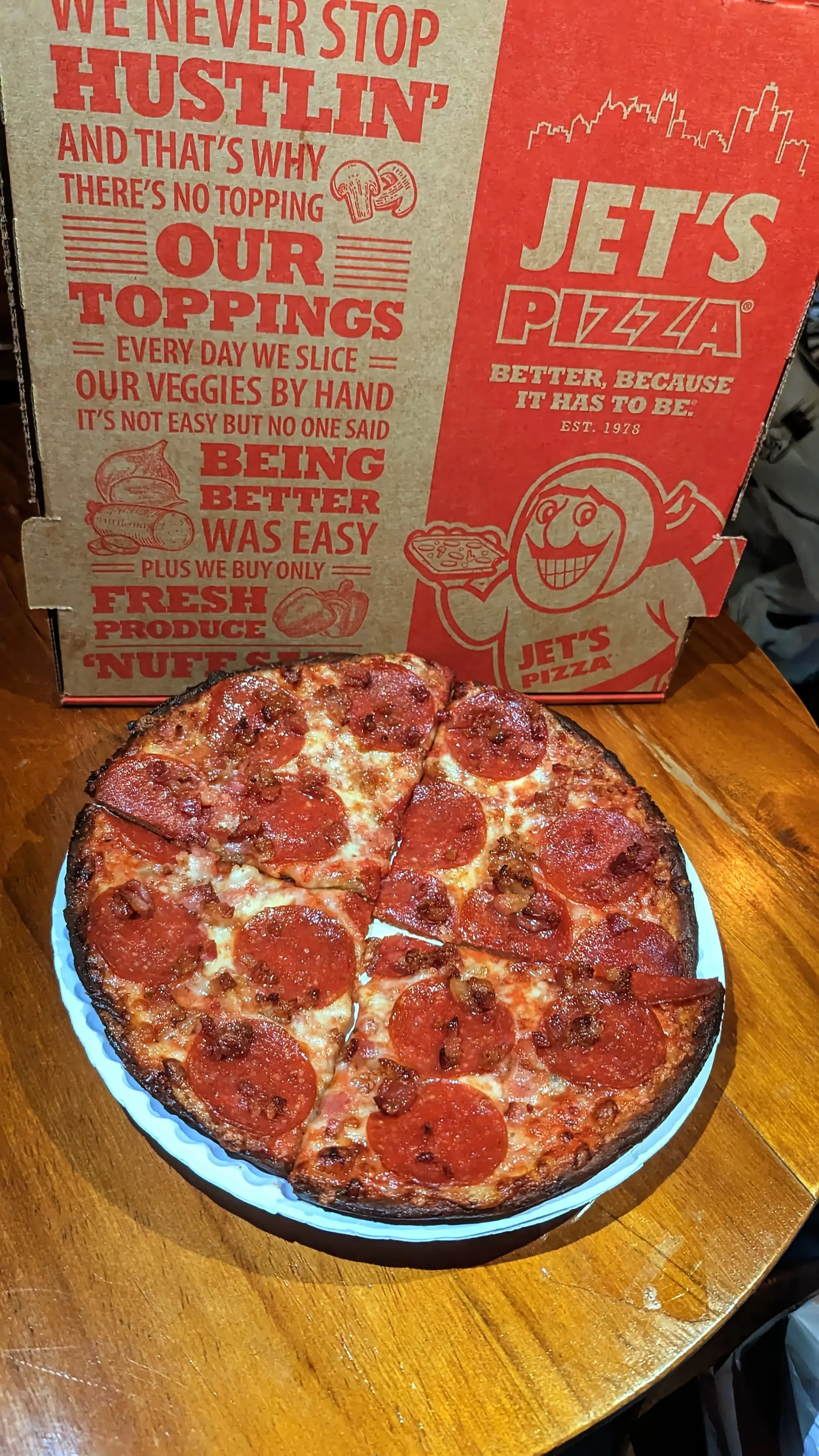 Image caption [Jet’s Cauliflower Crust Pizza with Pepperoni and Bacon]