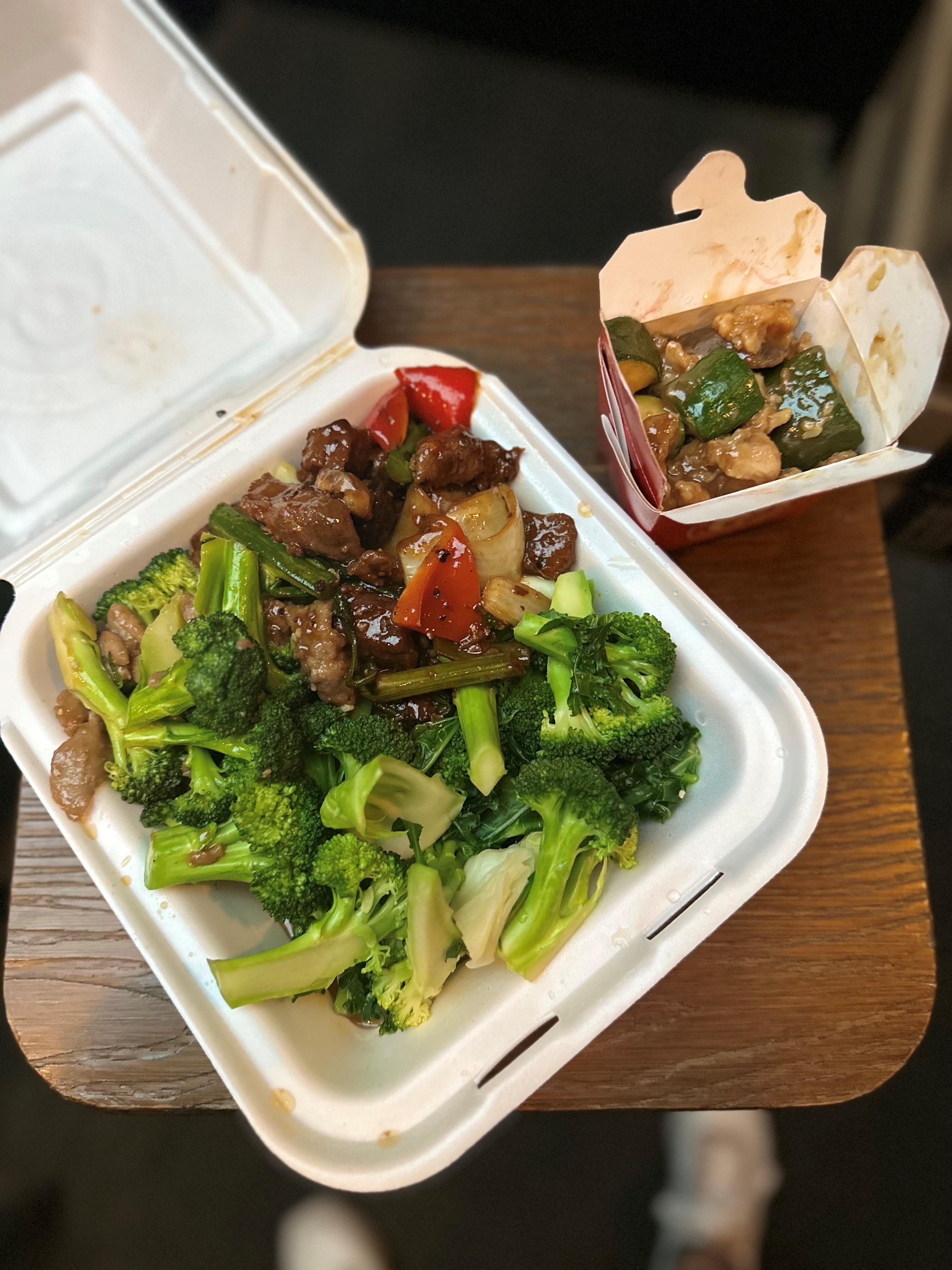 Broccoli beef and side of broccoli (left); Mushroom chicken (right)